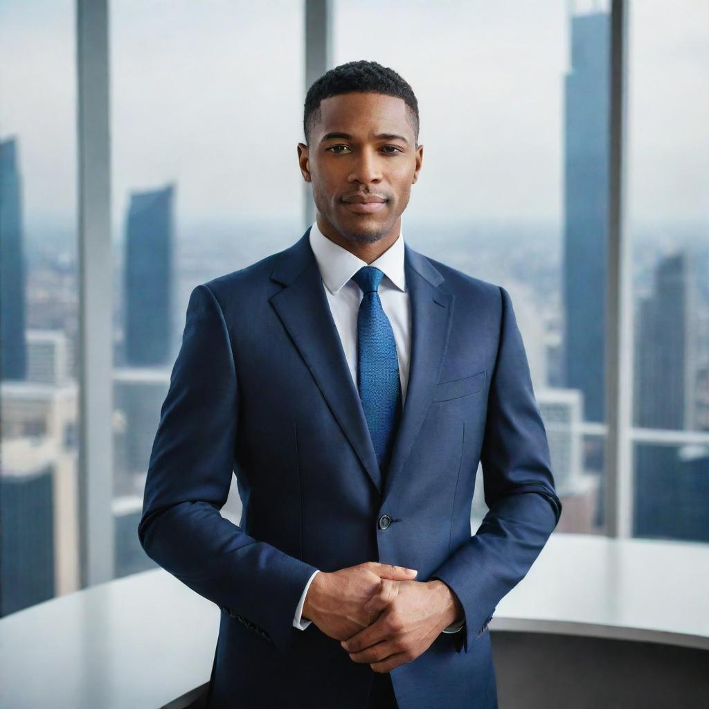 Portrait of a powerful businessman in a sleek suit, standing in a modern, high-rise office with breathtaking cityscape views in the background. The image is optimally sized for a mobile phone wallpaper.