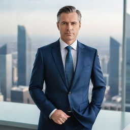 Portrait of a powerful businessman in a sleek suit, standing in a modern, high-rise office with breathtaking cityscape views in the background. The image is optimally sized for a mobile phone wallpaper.