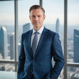 Portrait of a powerful businessman in a sleek suit, standing in a modern, high-rise office with breathtaking cityscape views in the background. The image is optimally sized for a mobile phone wallpaper.