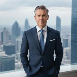 Portrait of a powerful businessman in a sleek suit, standing in a modern, high-rise office with breathtaking cityscape views in the background. The image is optimally sized for a mobile phone wallpaper.