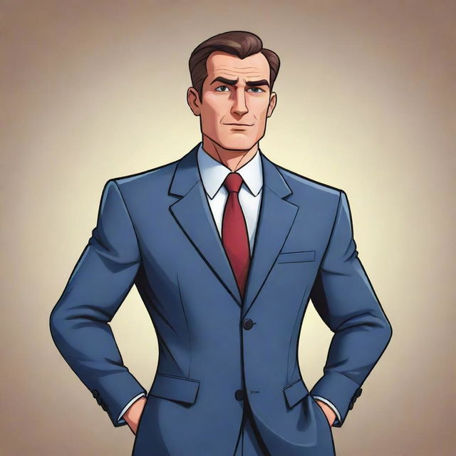 A cartoon-style professional businessman character, wearing a sharp suit and radiating authority and determination.