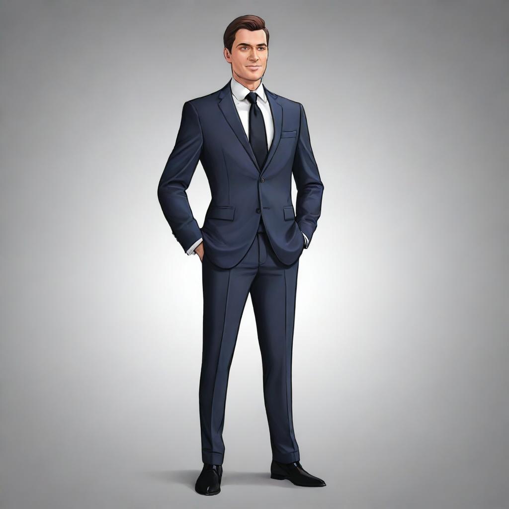 A cartoon depiction of a stylish business man in a boss-like posture and outfit