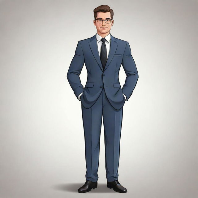 A cartoon depiction of a stylish business man in a boss-like posture and outfit