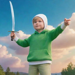 A cartoon-style image of Finn the Human, a boy with white hat and green clothes, holding his sword pointing towards a vibrant morning sky.