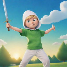 A cartoon-style image of Finn the Human, a boy with white hat and green clothes, holding his sword pointing towards a vibrant morning sky.