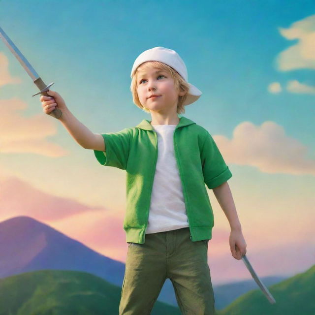 A cartoon-style image of Finn the Human, a boy with white hat and green clothes, holding his sword pointing towards a vibrant morning sky.