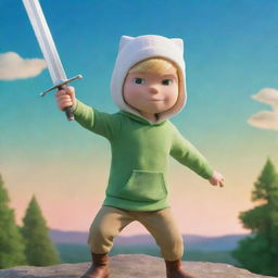 A cartoon-style image of Finn the Human, a boy with white hat and green clothes, holding his sword pointing towards a vibrant morning sky.