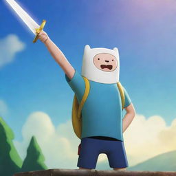 Finn from Adventure Time, gallant and courageous, pointing his gleaming sword towards the radiant morning sky.