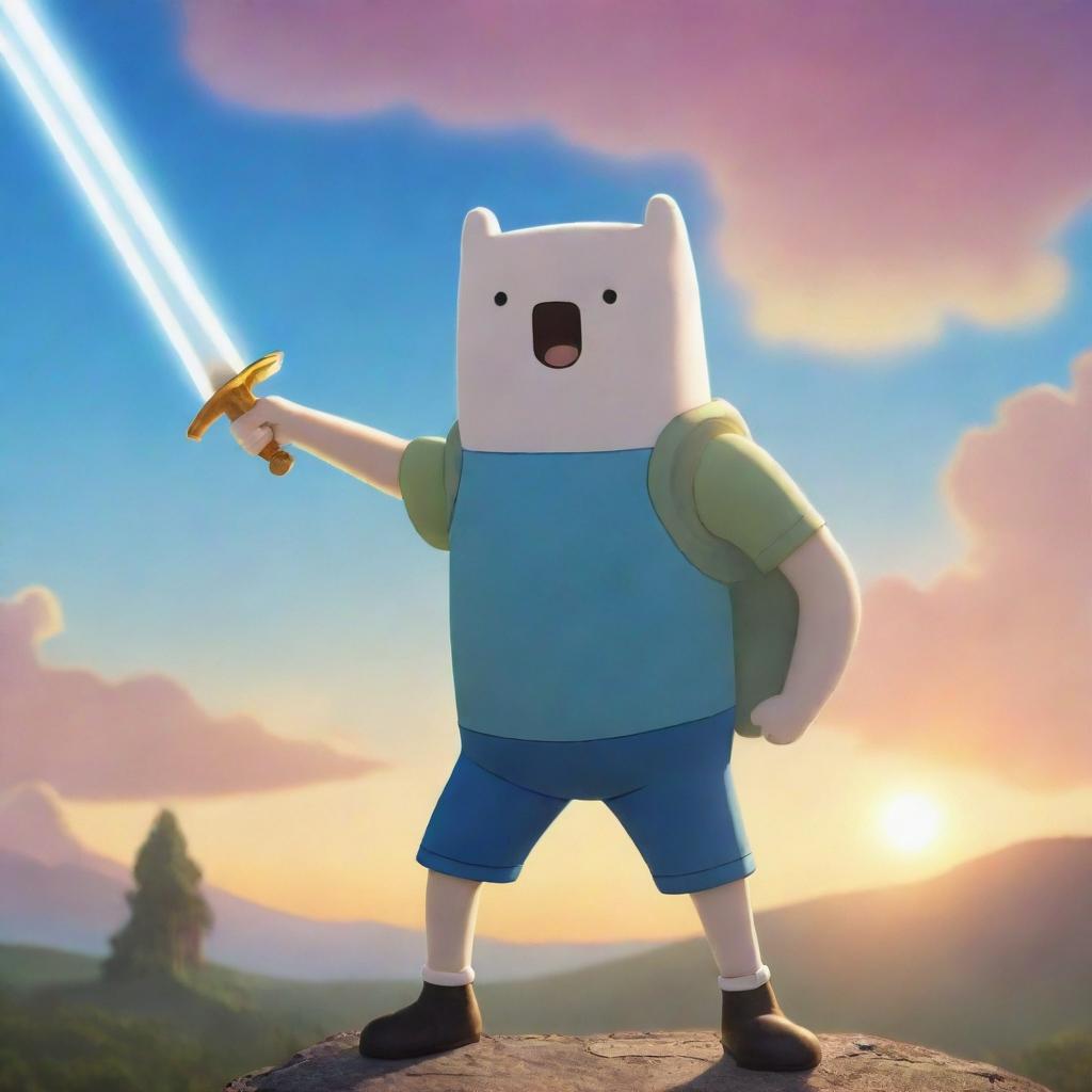 Finn from Adventure Time, gallant and courageous, pointing his gleaming sword towards the radiant morning sky.