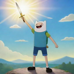 Finn from Adventure Time, gallant and courageous, pointing his gleaming sword towards the radiant morning sky.