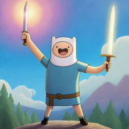 Finn from Adventure Time, gallant and courageous, pointing his gleaming sword towards the radiant morning sky.