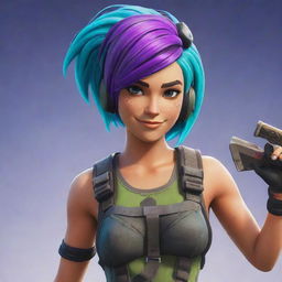 Skye, a character from Fortnite game, seen in her typical vibrant punk outfit, with teal hair and a helmet, equipped with her signature Harvesting Tool.