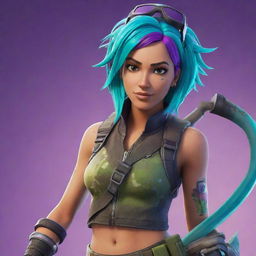 Skye, a character from Fortnite game, seen in her typical vibrant punk outfit, with teal hair and a helmet, equipped with her signature Harvesting Tool.