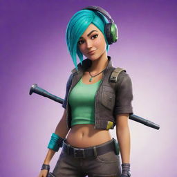 Skye, a character from Fortnite game, seen in her typical vibrant punk outfit, with teal hair and a helmet, equipped with her signature Harvesting Tool.