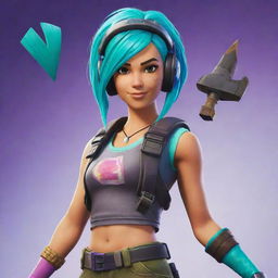 Skye, a character from Fortnite game, seen in her typical vibrant punk outfit, with teal hair and a helmet, equipped with her signature Harvesting Tool.