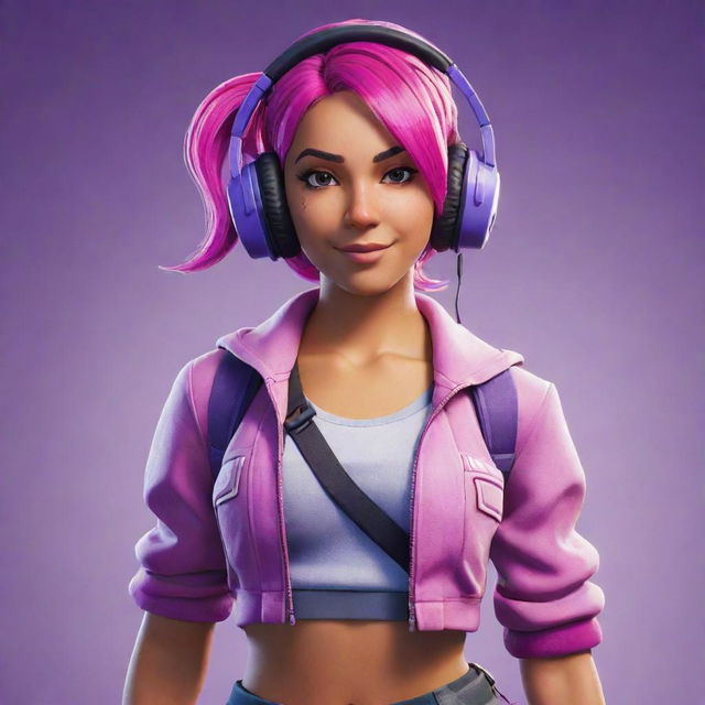 Skye character from Fortnite, featuring her vibrant pink hair, purple headset, and characteristic outfit, wielding her epic swords.