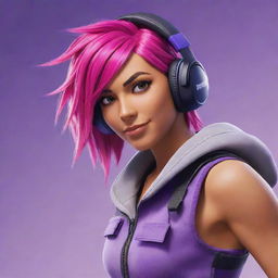 Skye character from Fortnite, featuring her vibrant pink hair, purple headset, and characteristic outfit, wielding her epic swords.