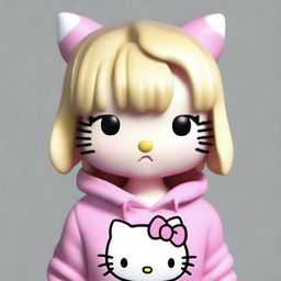 Generate a semi-realistic image of Hello Kitty with medium blonde hair. She should be wearing a hoodie and a mini skirt.