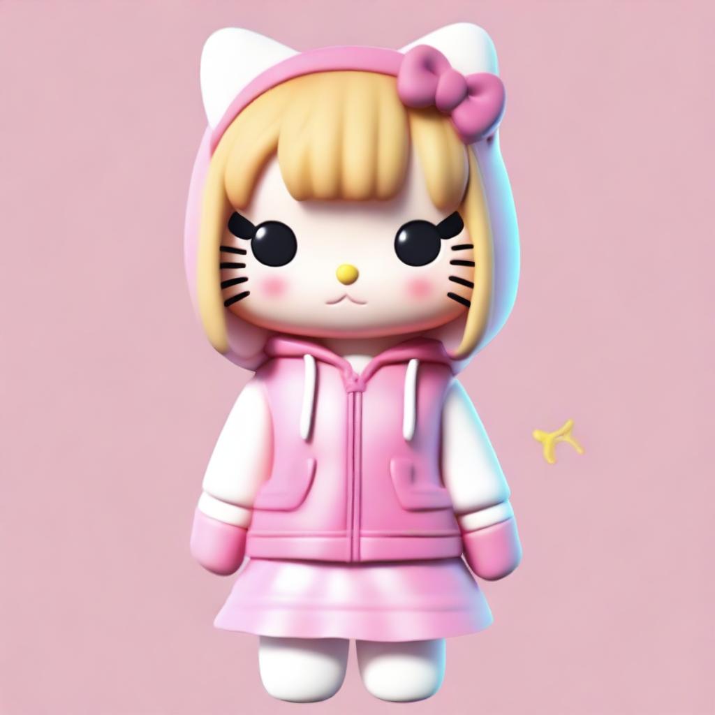 Generate a semi-realistic image of Hello Kitty with medium blonde hair. She should be wearing a hoodie and a mini skirt.