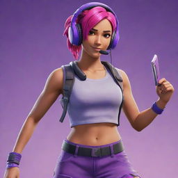 Skye character from Fortnite, featuring her vibrant pink hair, purple headset, and characteristic outfit, wielding her epic swords.