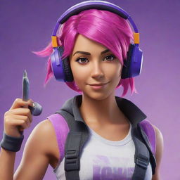 Skye character from Fortnite, featuring her vibrant pink hair, purple headset, and characteristic outfit, wielding her epic swords.