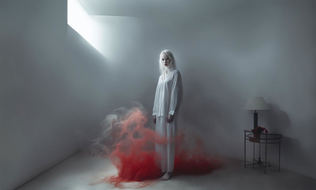 Albino girl in white shirt stands in a minimalist room with eerie red smoke swirling around her under theatrical lighting.