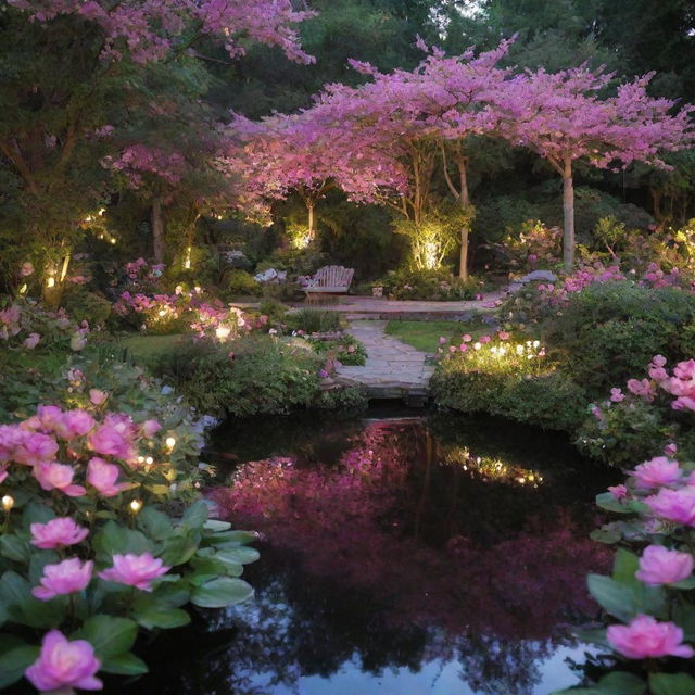 An enchanting garden with shimmering ponds surrounded by lush flowering bushes softly illuminated by radiant pink lights.