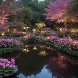 An enchanting garden with shimmering ponds surrounded by lush flowering bushes softly illuminated by radiant pink lights.