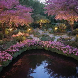 An enchanting garden with shimmering ponds surrounded by lush flowering bushes softly illuminated by radiant pink lights.