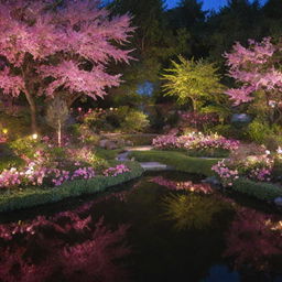 An enchanting garden with shimmering ponds surrounded by lush flowering bushes softly illuminated by radiant pink lights.