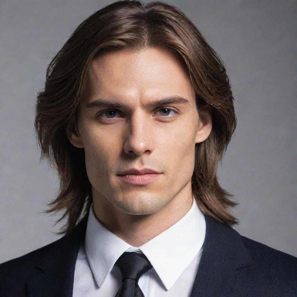 A handsome protagonist with a sharp jawline and stylishly cut long hair.