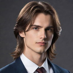 A handsome protagonist with a sharp jawline and stylishly cut long hair.