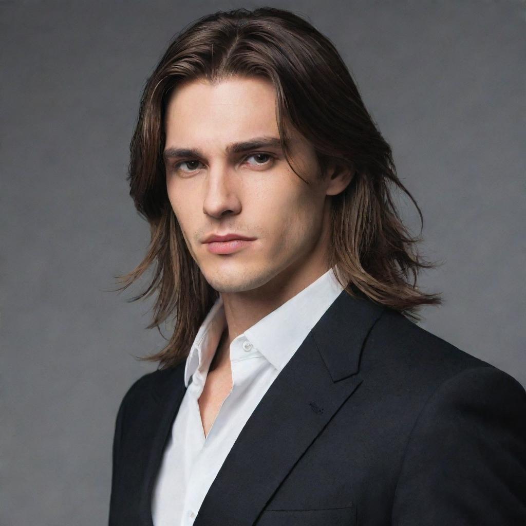 A handsome protagonist with a sharp jawline and stylishly cut long hair.