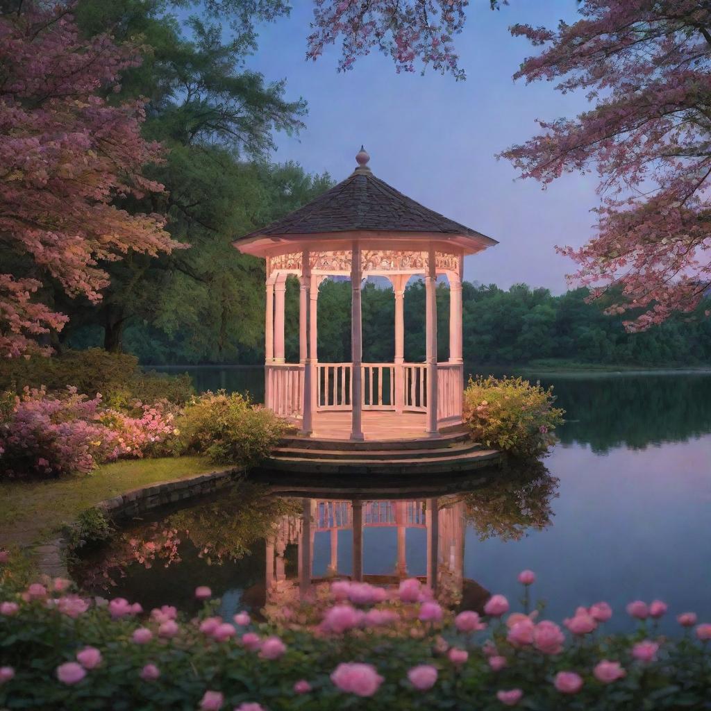 A romantic scene of a gazebo situated on a tranquil lake, bordered by a path adorned with flowers and verdant bushes, all under the soft glow of pink lights during the night.