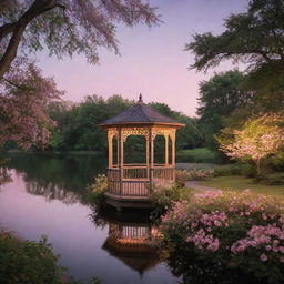 A romantic scene of a gazebo situated on a tranquil lake, bordered by a path adorned with flowers and verdant bushes, all under the soft glow of pink lights during the night.