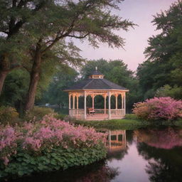 A romantic scene of a gazebo situated on a tranquil lake, bordered by a path adorned with flowers and verdant bushes, all under the soft glow of pink lights during the night.