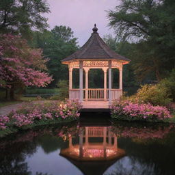 A romantic scene of a gazebo situated on a tranquil lake, bordered by a path adorned with flowers and verdant bushes, all under the soft glow of pink lights during the night.