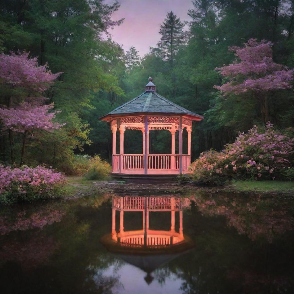 A mystical composition of a gazebo in the heart of the forest, nestled on a lake, reachable by a path speckled with flowers and green bushes, all subtly illuminated by pink night lights.