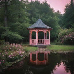 A mystical composition of a gazebo in the heart of the forest, nestled on a lake, reachable by a path speckled with flowers and green bushes, all subtly illuminated by pink night lights.