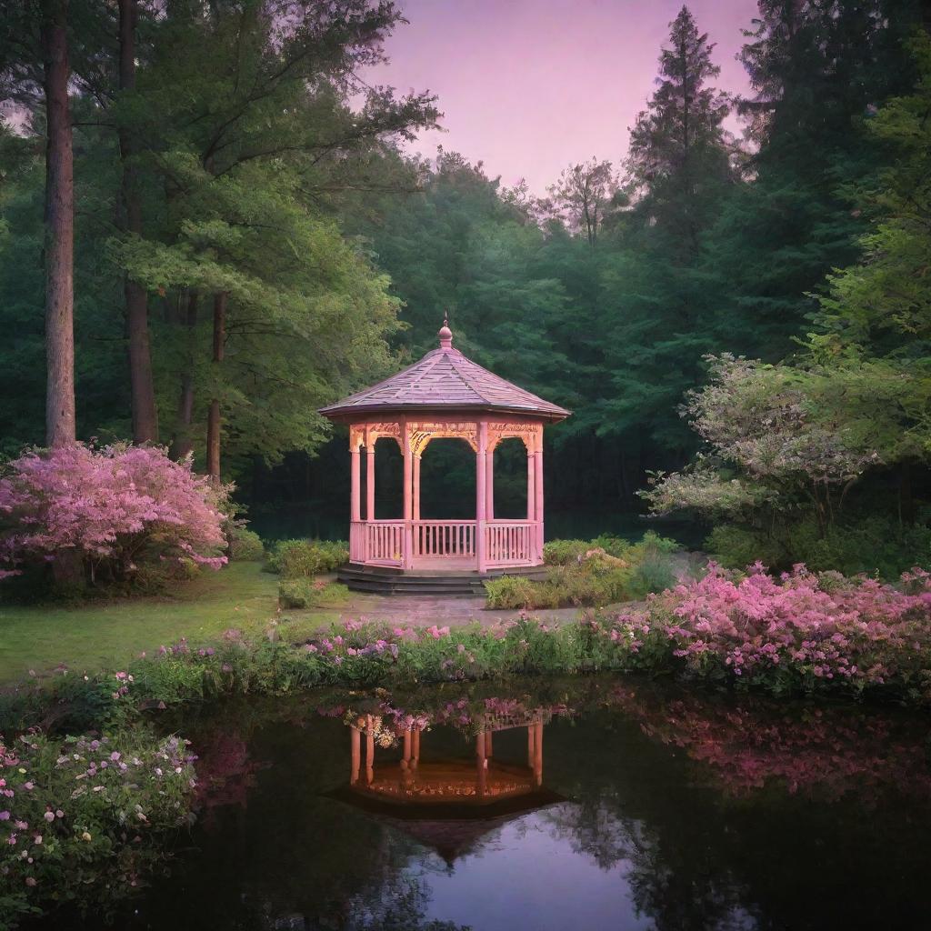 A mystical composition of a gazebo in the heart of the forest, nestled on a lake, reachable by a path speckled with flowers and green bushes, all subtly illuminated by pink night lights.