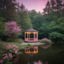 A mystical composition of a gazebo in the heart of the forest, nestled on a lake, reachable by a path speckled with flowers and green bushes, all subtly illuminated by pink night lights.