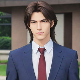 A handsome anime protagonist, with long styled hair, fair skin, slim yet muscular build, and a sharp jaw, dressed as a college student.