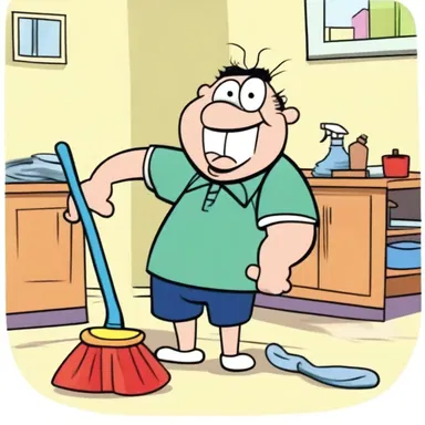 In the cartoon episode, the mischievous character starts balking when asked to clean up his mess.