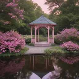 An ethereal scene of a charming gazebo in the middle of a peaceful forest lake, a pathway lined with flowering bushes leading to the gazebo, all bathed in the delicate glow of pink night lights.