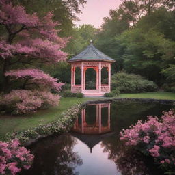 An ethereal scene of a charming gazebo in the middle of a peaceful forest lake, a pathway lined with flowering bushes leading to the gazebo, all bathed in the delicate glow of pink night lights.