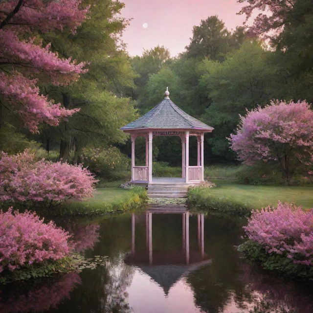 An ethereal scene of a charming gazebo in the middle of a peaceful forest lake, a pathway lined with flowering bushes leading to the gazebo, all bathed in the delicate glow of pink night lights.