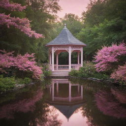 An ethereal scene of a charming gazebo in the middle of a peaceful forest lake, a pathway lined with flowering bushes leading to the gazebo, all bathed in the delicate glow of pink night lights.