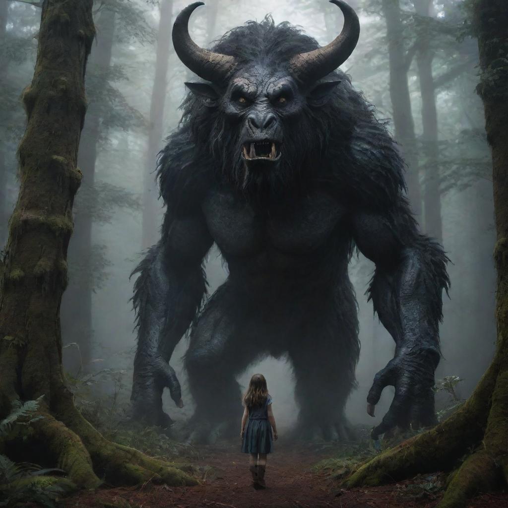 A brave young girl standing fearlessly in a mystical dark forest, with a large, protective mythical creature guarding by her side.