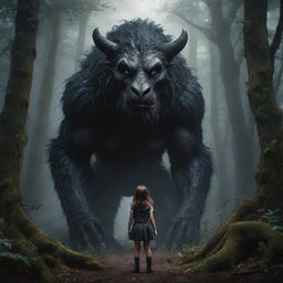 A brave young girl standing fearlessly in a mystical dark forest, with a large, protective mythical creature guarding by her side.