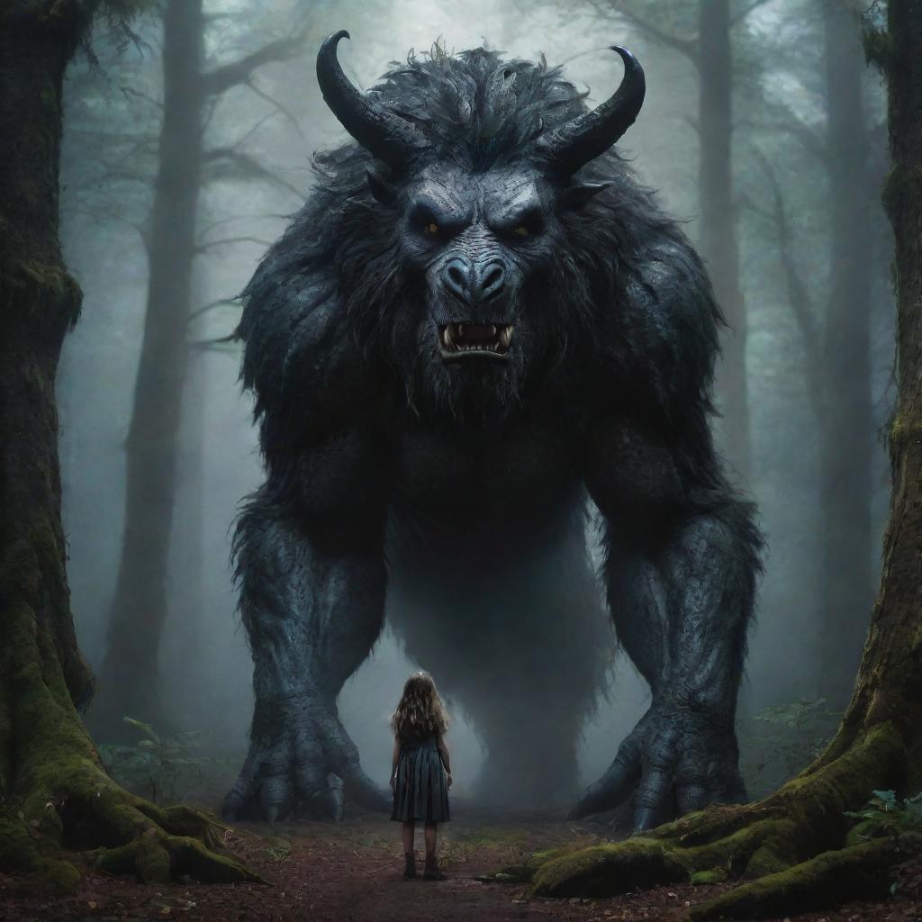 A brave young girl standing fearlessly in a mystical dark forest, with a large, protective mythical creature guarding by her side.